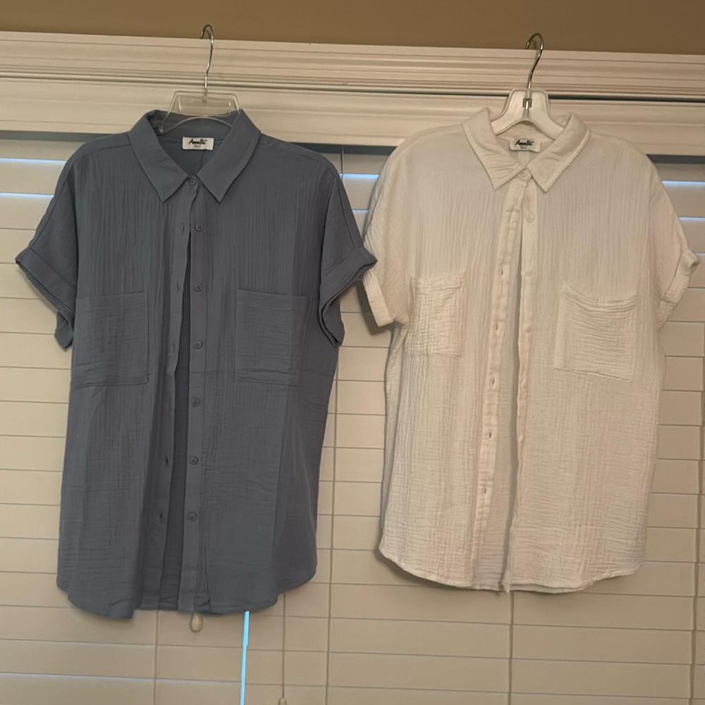 Amalli Talli Short Sleeve Waffle Tall Button Set of 2 White Ocean Blue SZ Small
